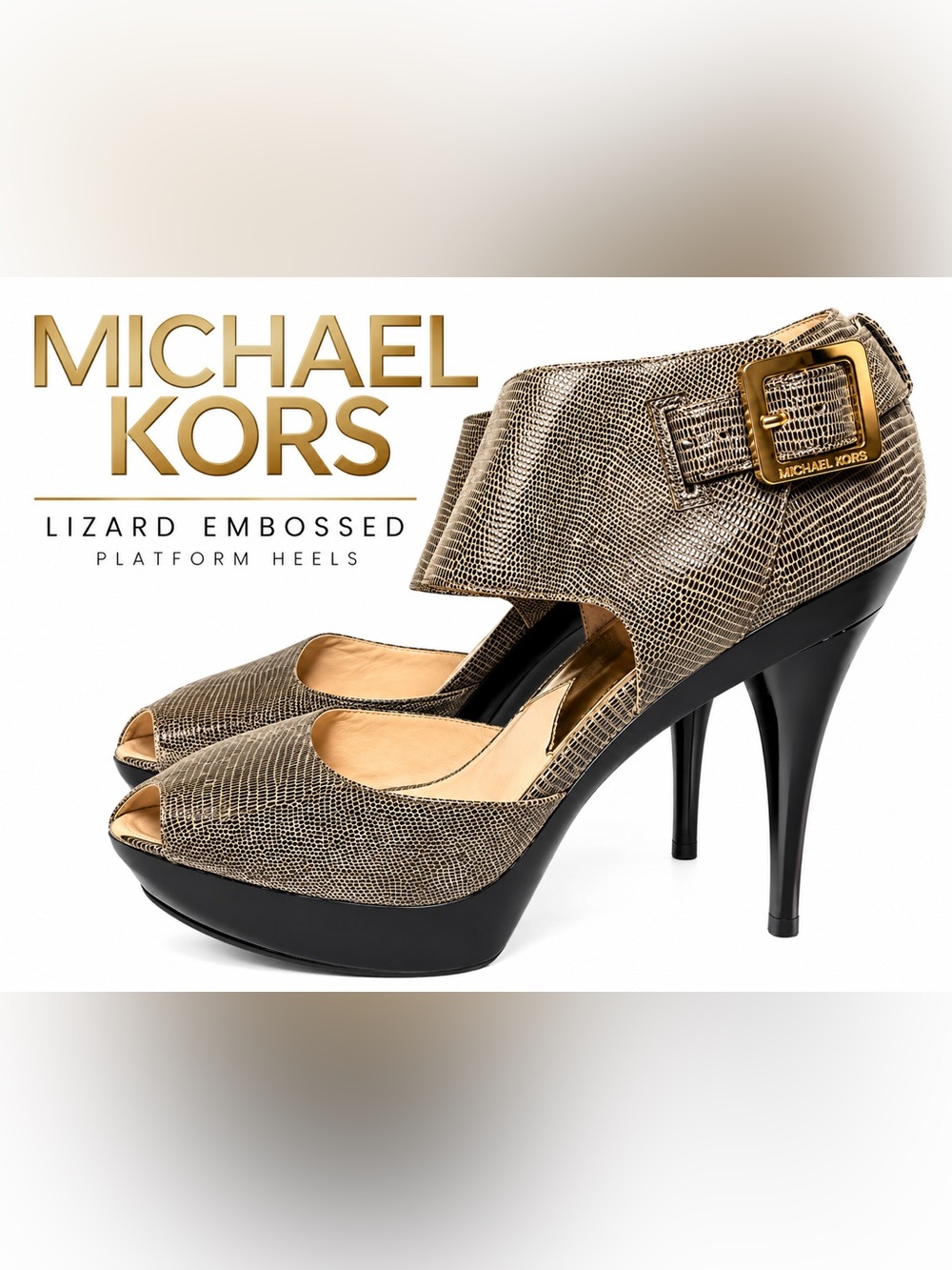 Michael Kors Lizard Embossed Leather Platform Heels Gold Buckle Size 10M Y2K